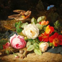Bird,And,Roses,.,Still,Life.,In,The,Style,Of